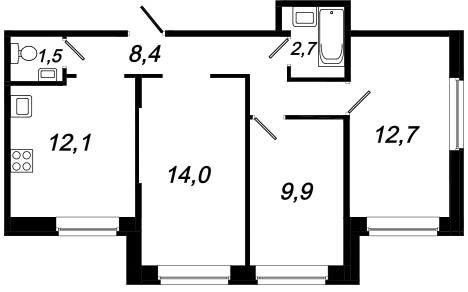 Трёхкомнатная квартира 61.3 м²