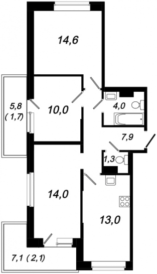 Трёхкомнатная квартира 68.6 м²