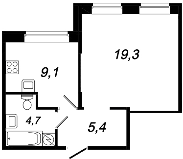 Однокомнатная квартира 38.5 м²