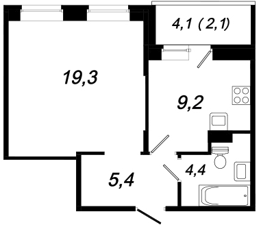 Однокомнатная квартира 40.4 м²