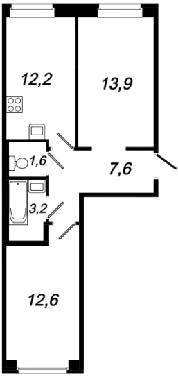 Двухкомнатная квартира 51.1 м²