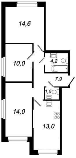 Трёхкомнатная квартира 65.2 м²
