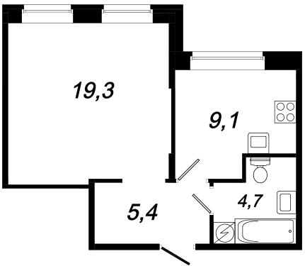 Однокомнатная квартира 38.5 м²
