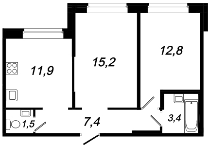 Двухкомнатная квартира 52.2 м²