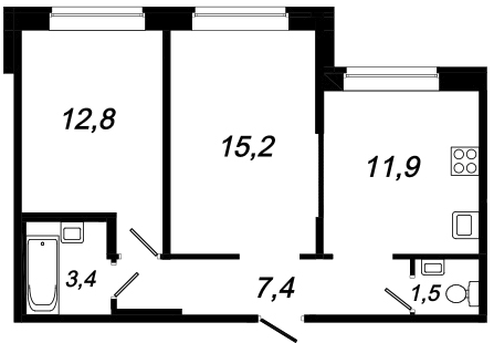 Двухкомнатная квартира 52.2 м²