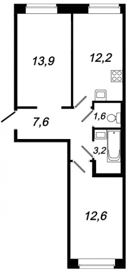Двухкомнатная квартира 51.1 м²